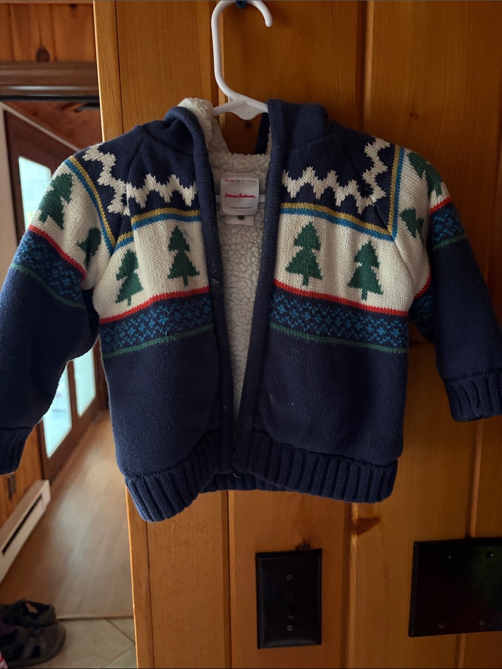 Hanna Andersson Navy Knit Hooded Sweater with Green Tree Pattern